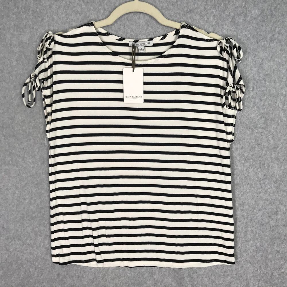 Green‎ Envelope Shirt Small Black White Striped Cold Shoulder Tie Soft Nautical